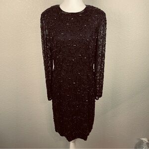 Vintage 90s Joan Leslie Silk Beaded Cocktail Party Dress‎ 12 Black New Years LBD